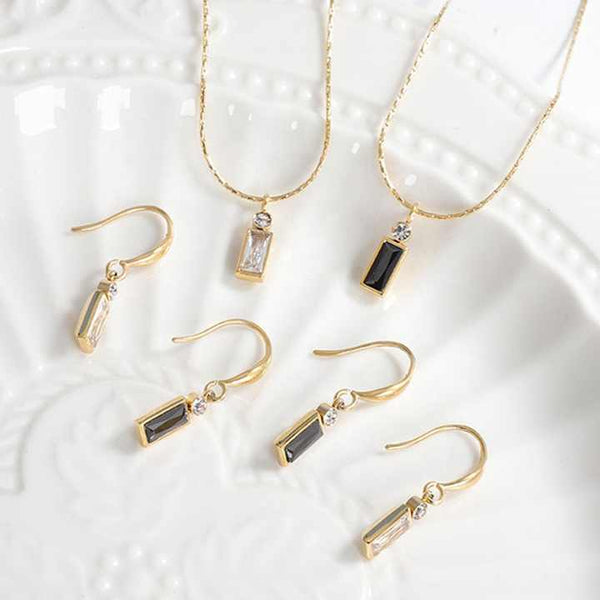 18k Gold Plated Stainless Steel Geometric Square Black White Zircon Necklace & Earring