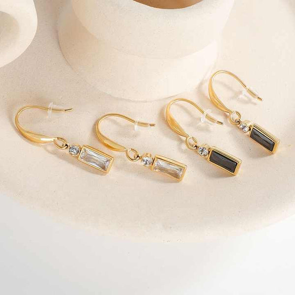 18k Gold Plated Stainless Steel Geometric Square Black White Zircon Necklace & Earring